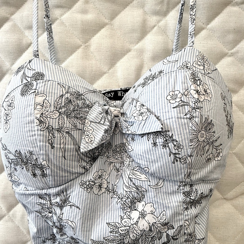 Say What Camisole Floral Crop Top L Smocked Bustier Cottagecore Padded Blue Boho